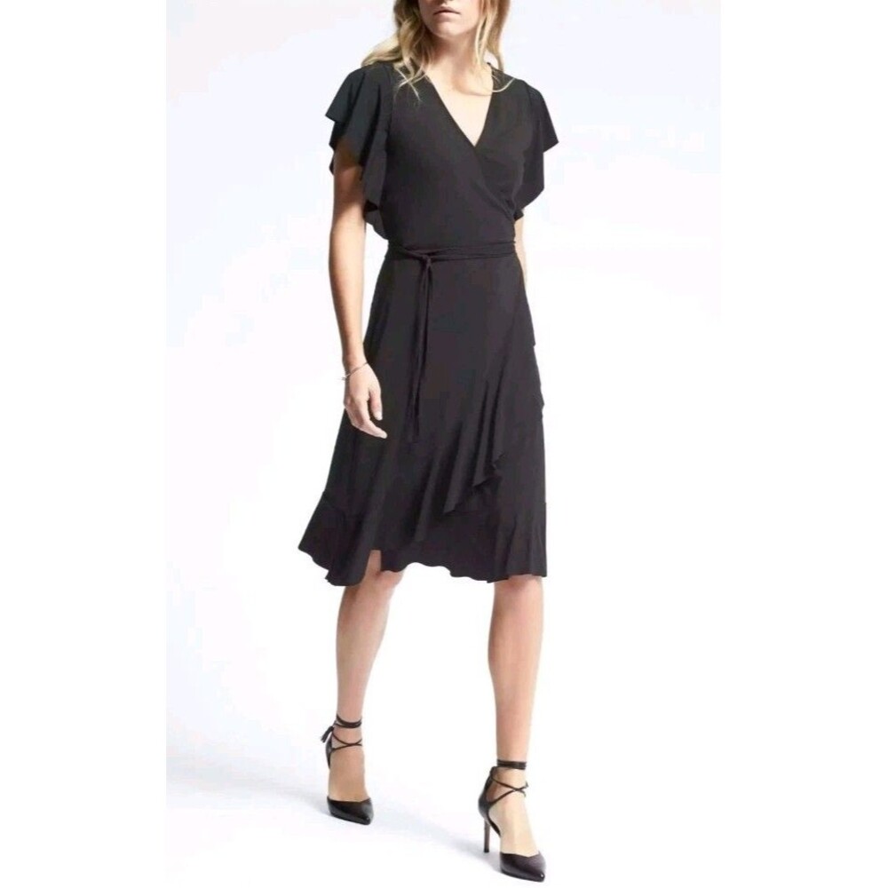 Banana Republic Flounce Wrap Dress Small Black Midi Ruffled Slinky Cocktail